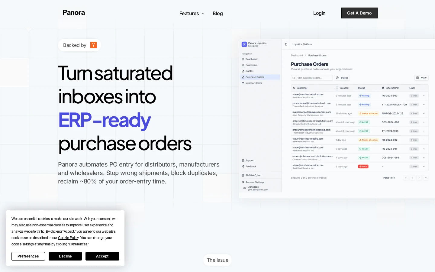 AI Purchase Order Automation for Distributors - Panora Homepage screenshot