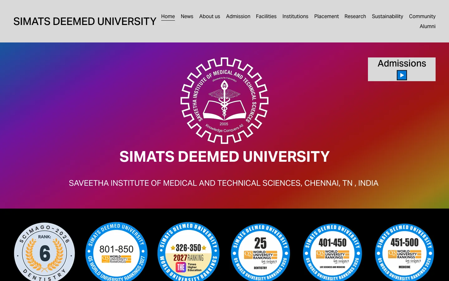 SIMATS DEEMED UNIVERSITY Homepage screenshot
