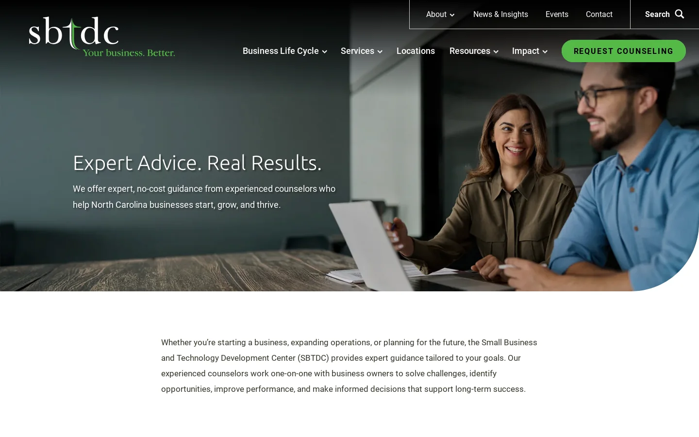 NC SBTDC: Your business. Better. Homepage screenshot