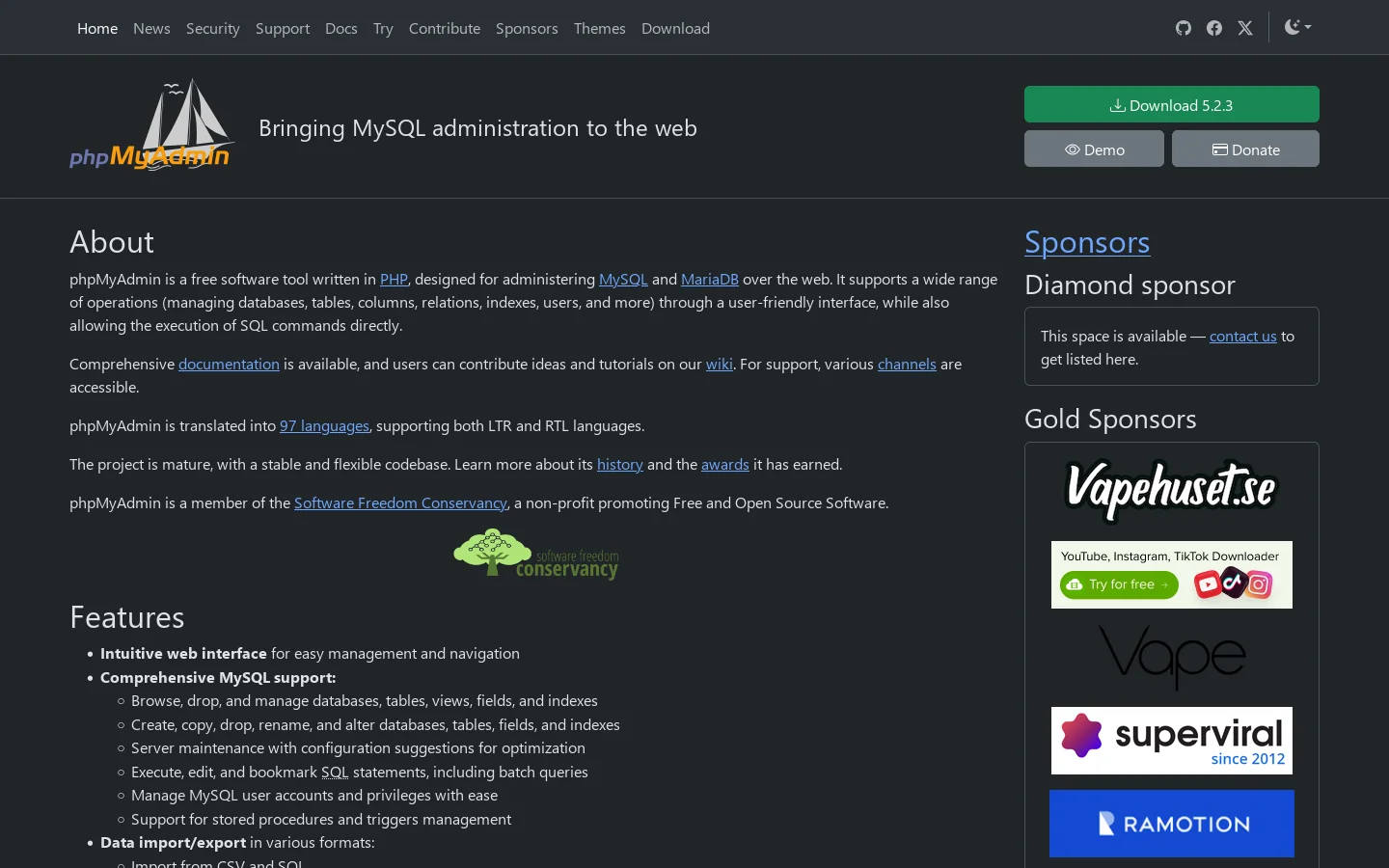 phpMyAdmin Homepage screenshot