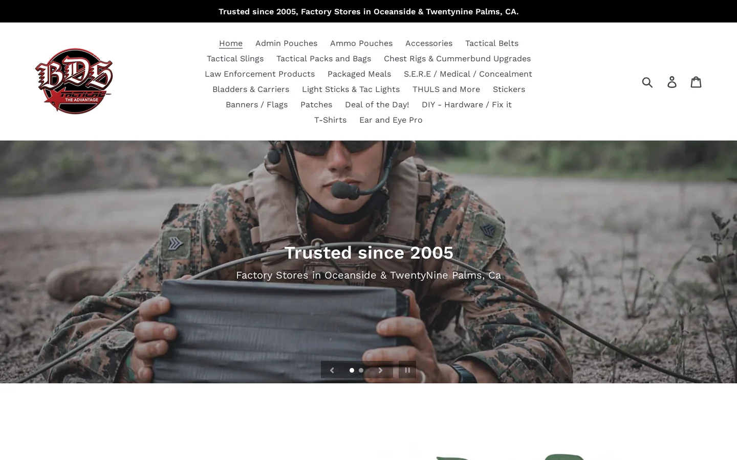 Tactical Gear manufactured in the USA, by BDS Tactical Gear. Homepage screenshot