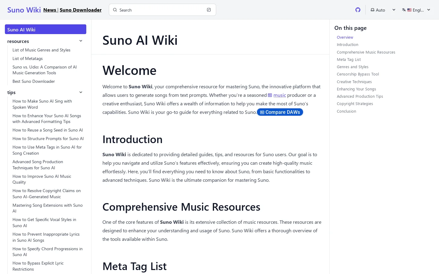 Suno AI Wiki Homepage screenshot