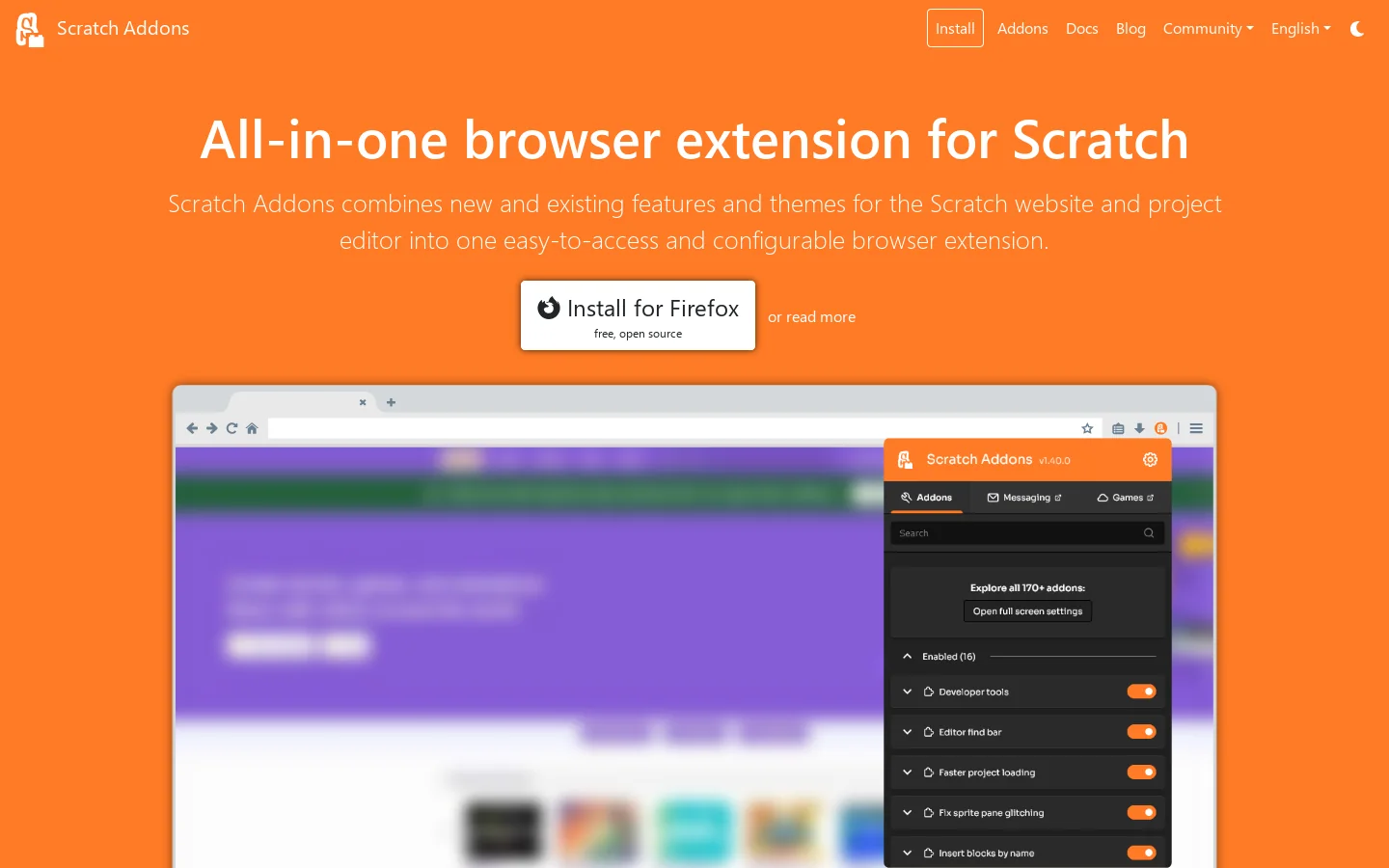 Scratch Addons Homepage screenshot