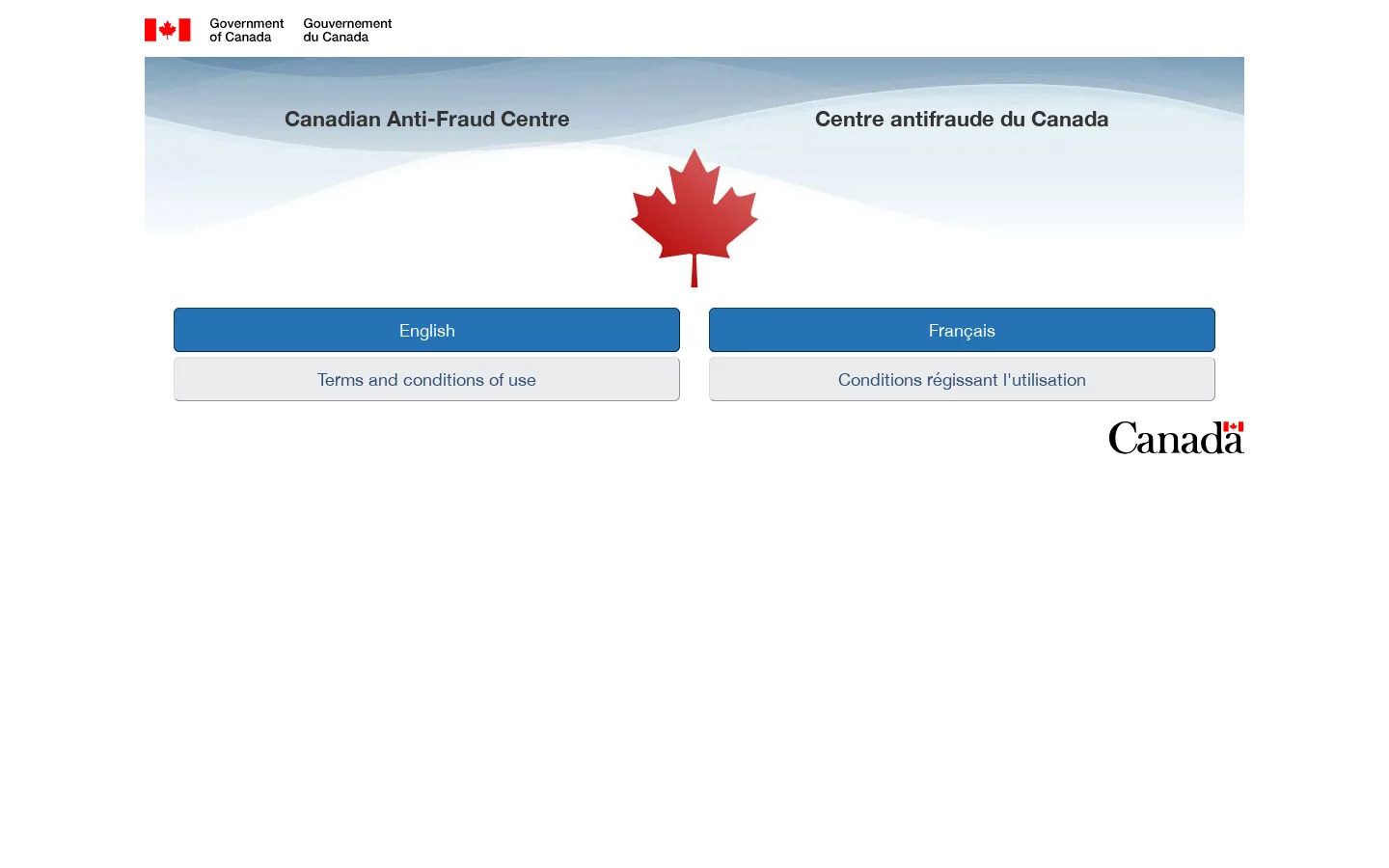 Language selection - Canadian Anti-Fraud Centre / Sélection de la langue - Centre antifraude du Canada Homepage screenshot