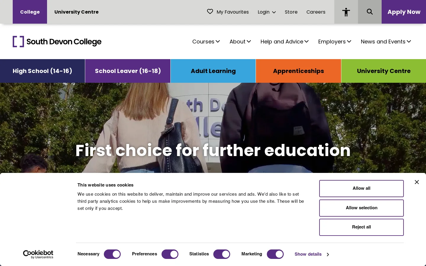 South Devon College I start your course search here Homepage screenshot