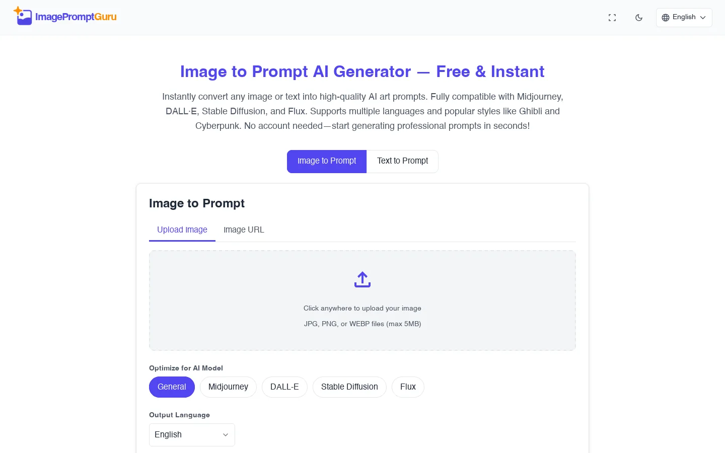 Image to Prompt Generator – No Login Needed Homepage screenshot