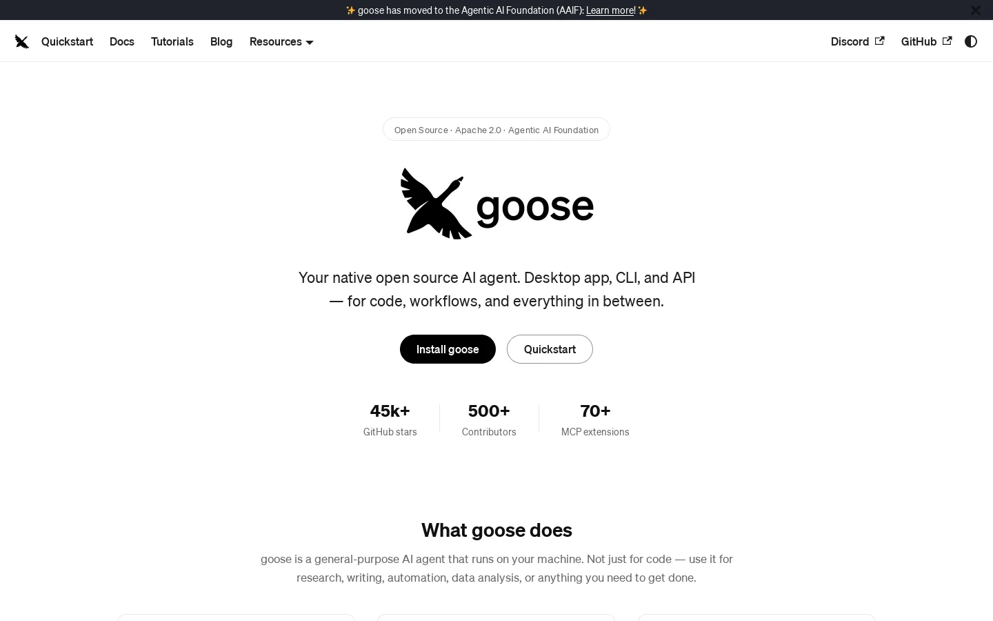 goose | Your open source AI agent Homepage screenshot