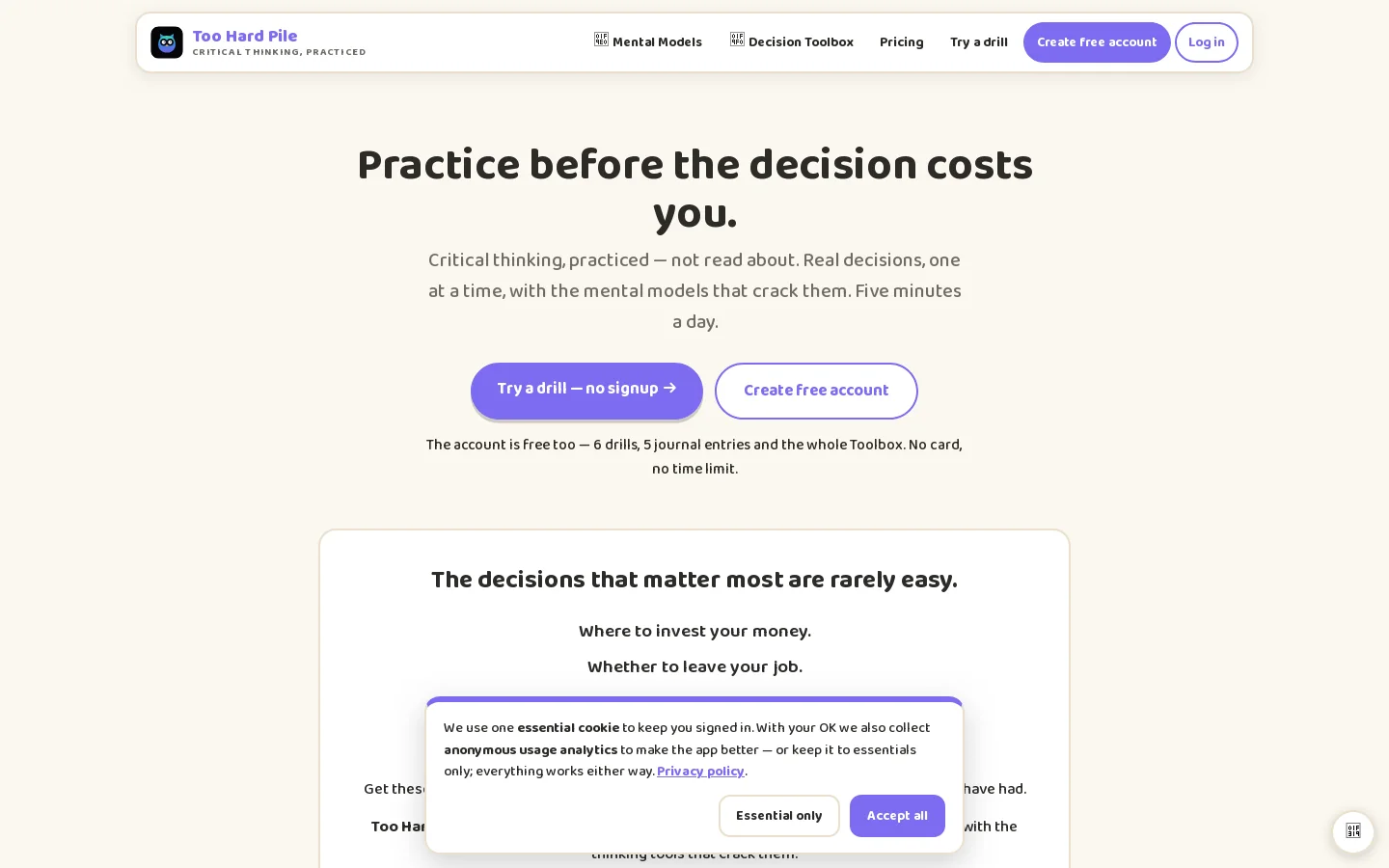 Too Hard Pile Homepage screenshot