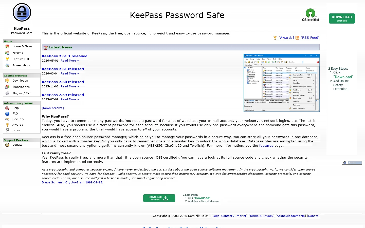 KeePass Password Safe Homepage screenshot