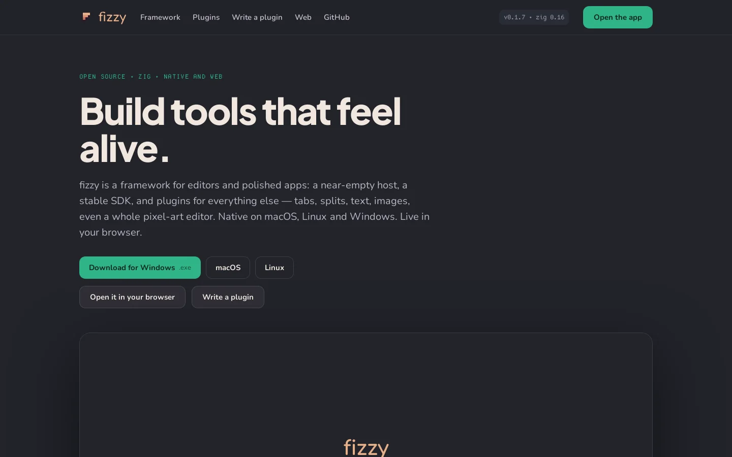 Build tools that feel alive. — fizzy Homepage screenshot