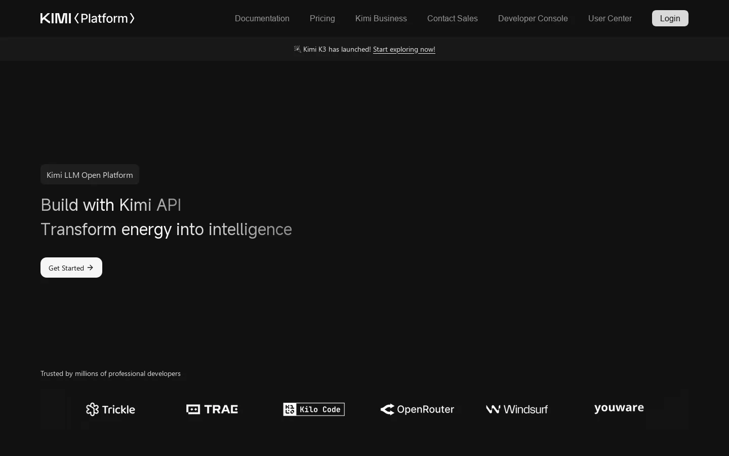 Kimi API Platform Homepage screenshot