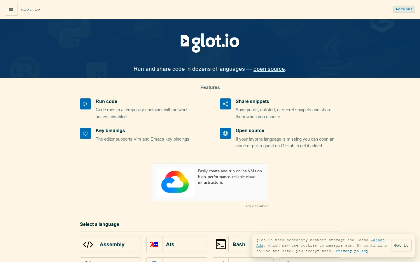 glot.io Homepage screenshot
