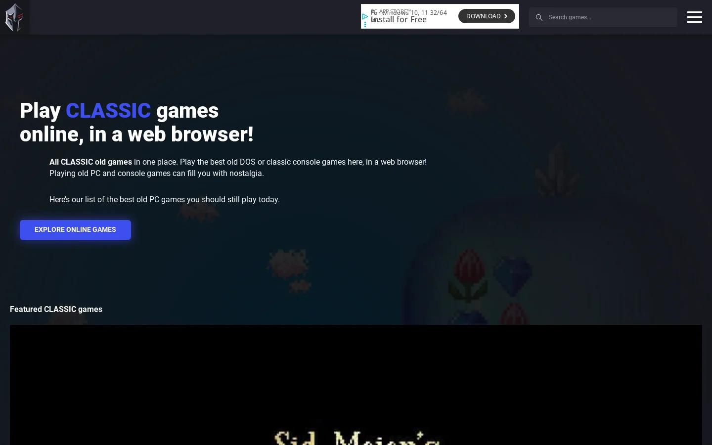 Classic games online Homepage screenshot