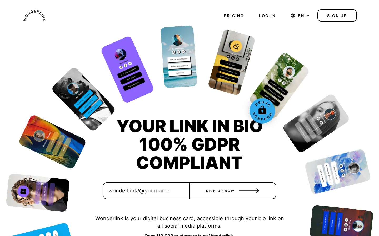 Wonderlink | Your link in bio 100% GDPR compliant Homepage screenshot