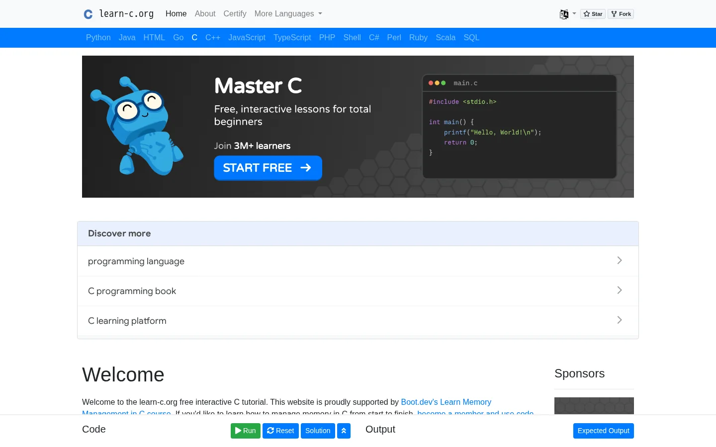 Learn C Homepage screenshot
