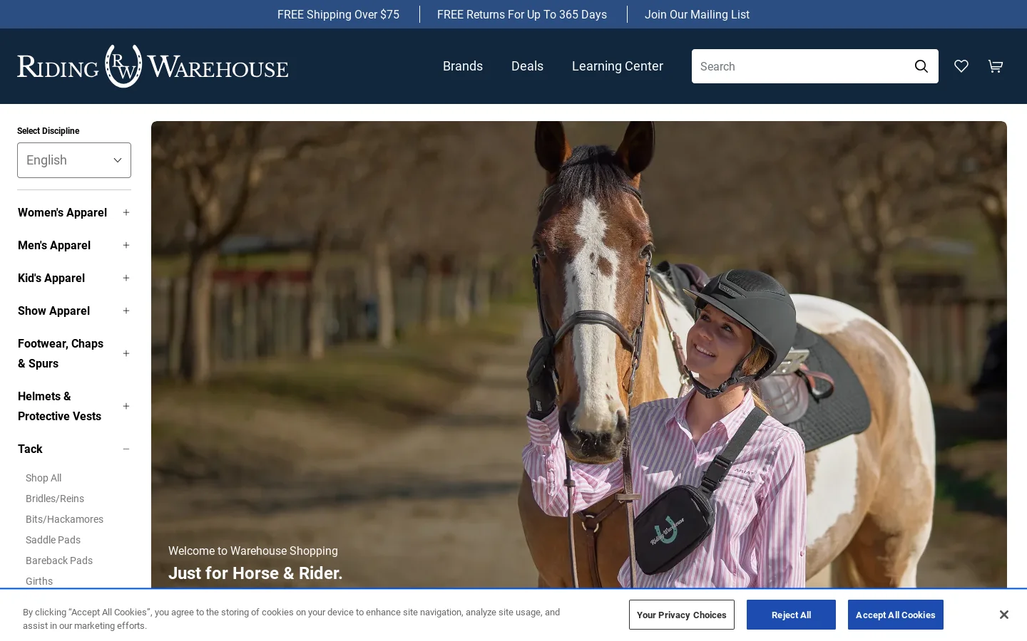 Riding Warehouse Homepage screenshot