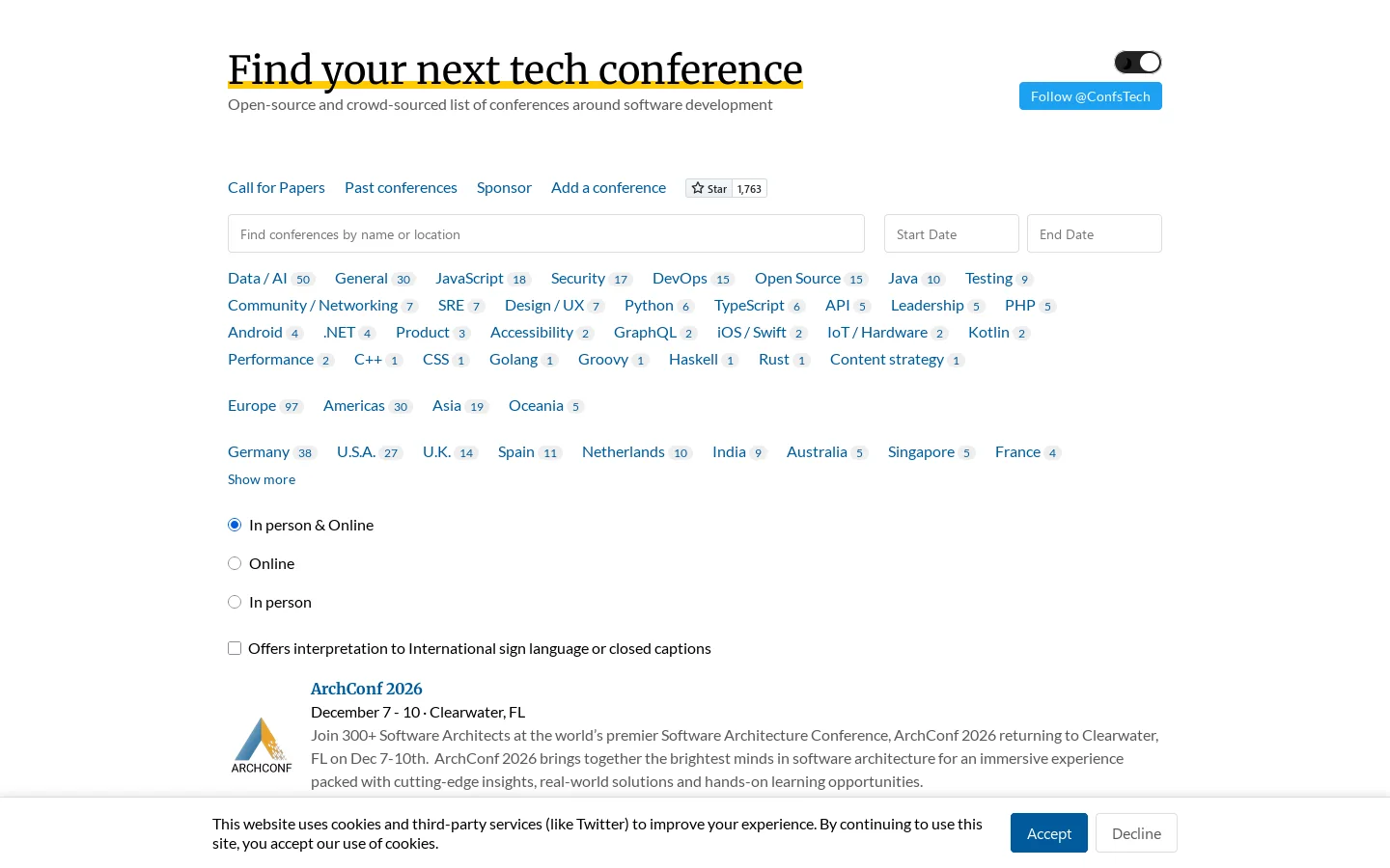 Confs.tech Homepage screenshot