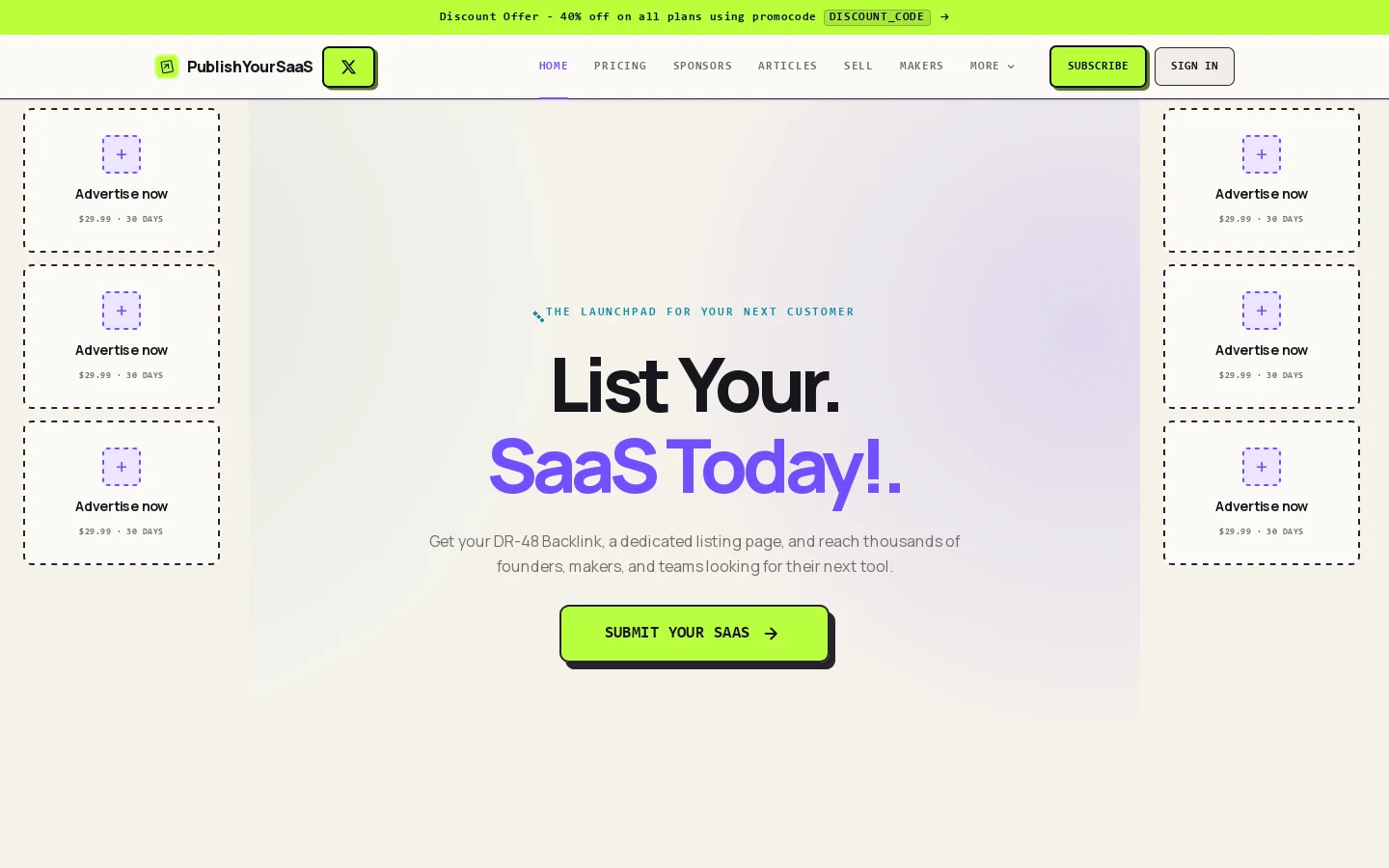 PublishYourSaaS Homepage screenshot