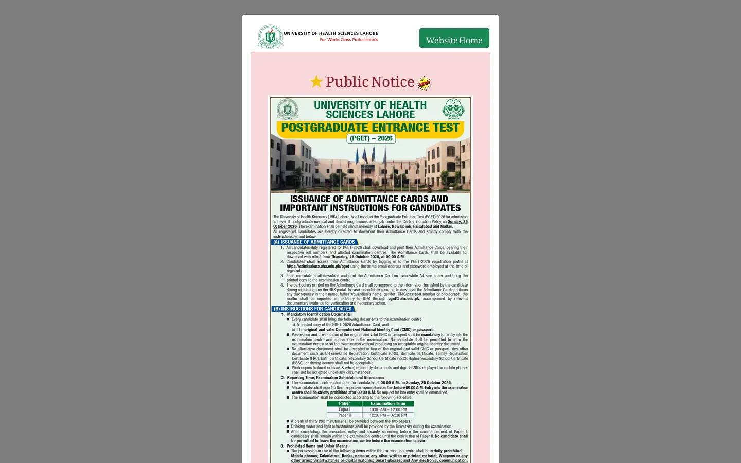 UHS Public Notices Homepage screenshot