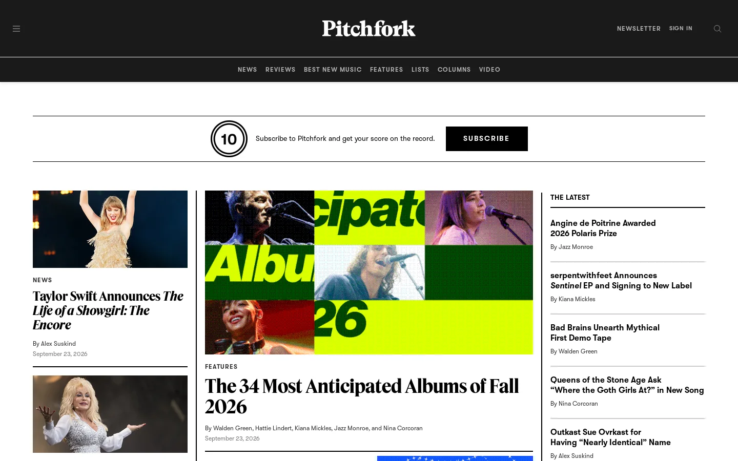 Pitchfork Homepage screenshot
