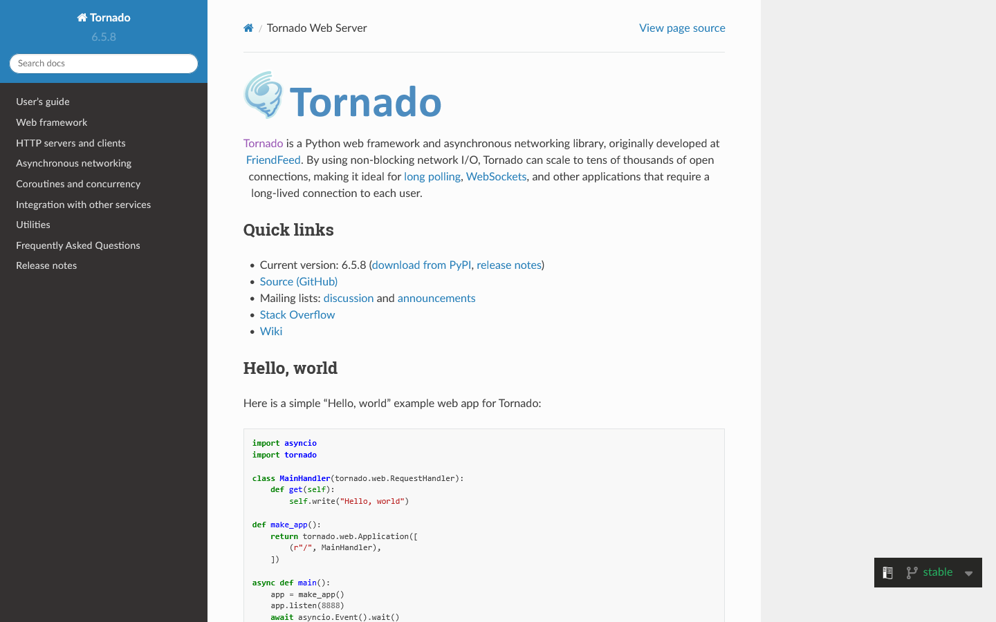 Tornado Web Server Homepage screenshot