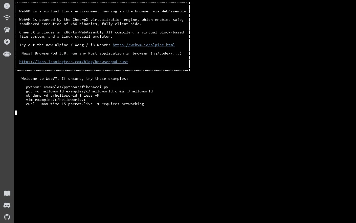 WebVM Homepage screenshot