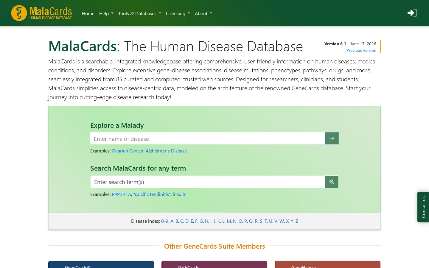 MalaCards Homepage screenshot