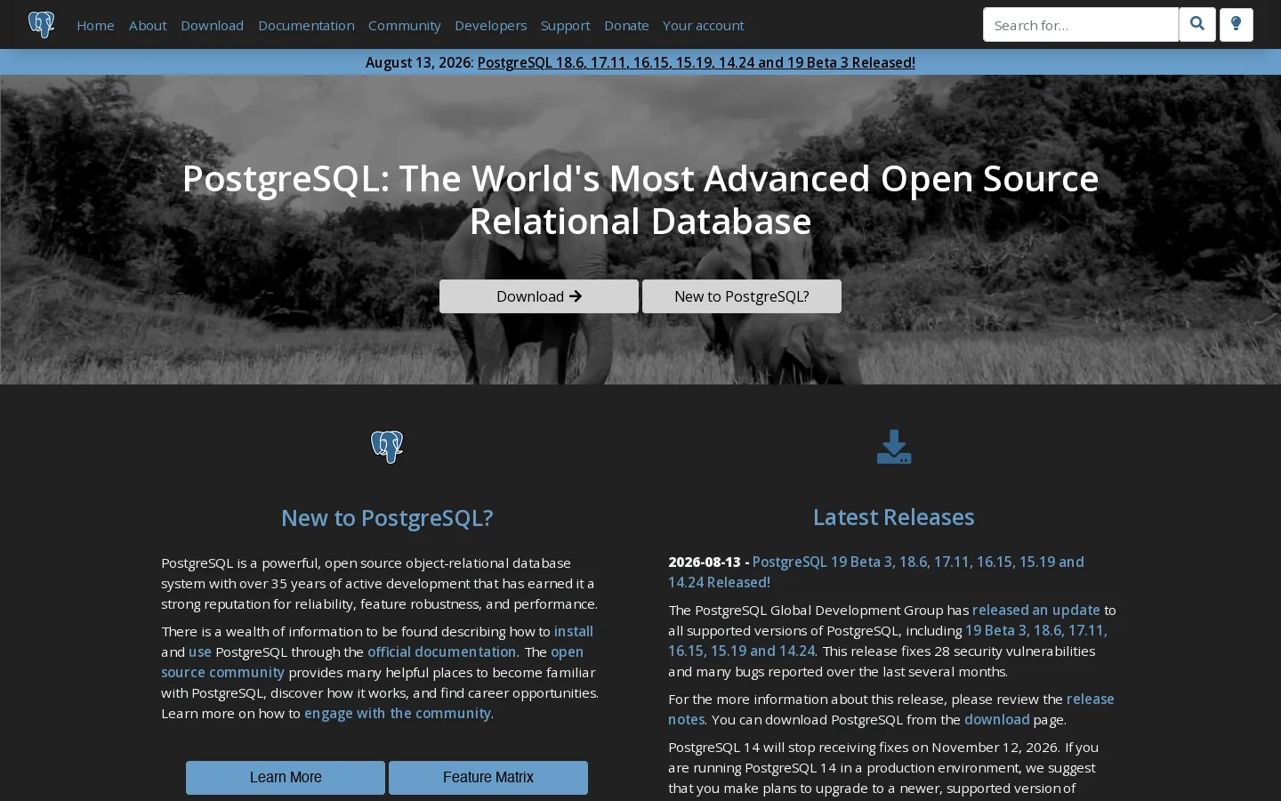 PostgreSQL Homepage screenshot