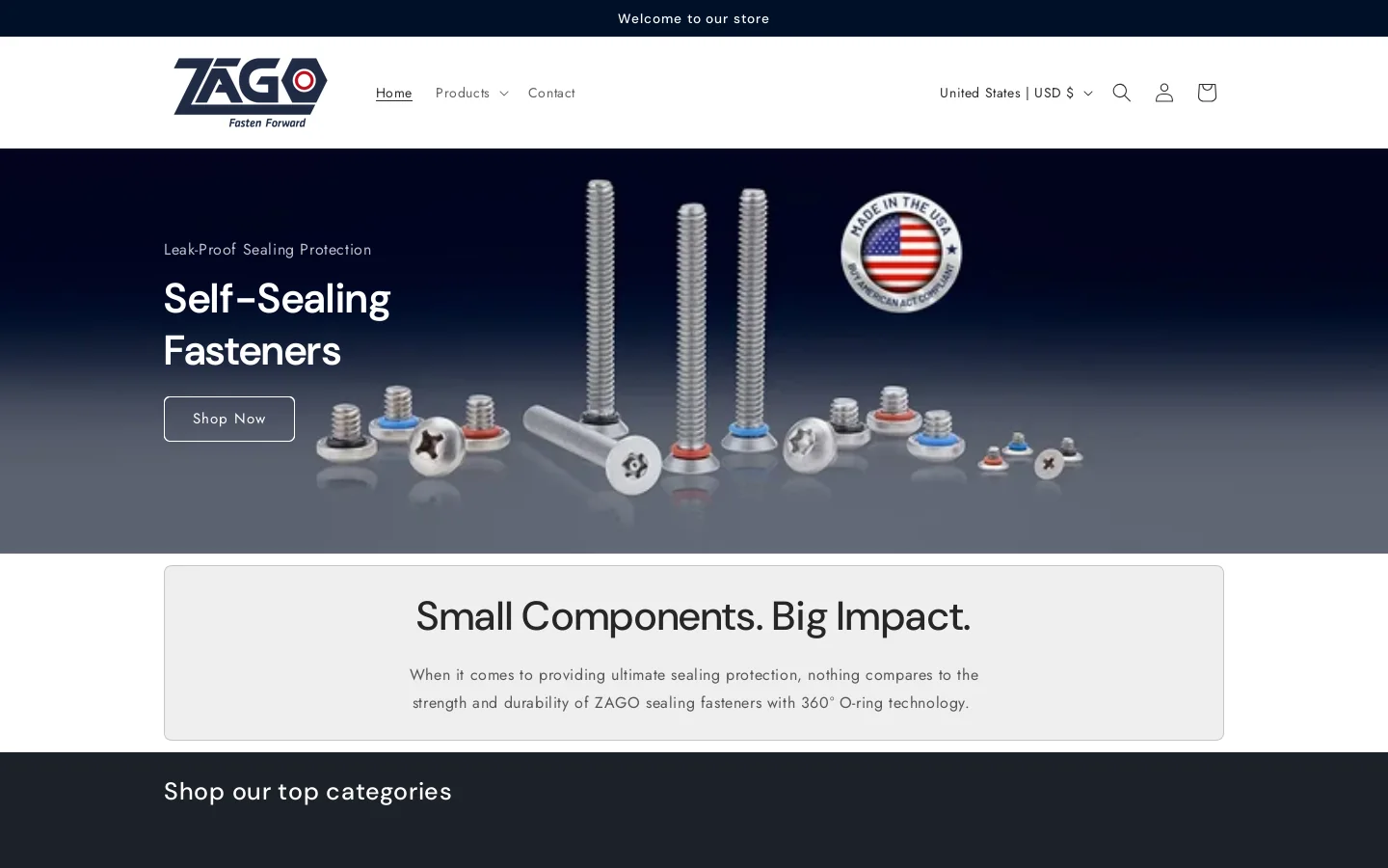 ZAGO Self Sealing Fasteners Homepage screenshot