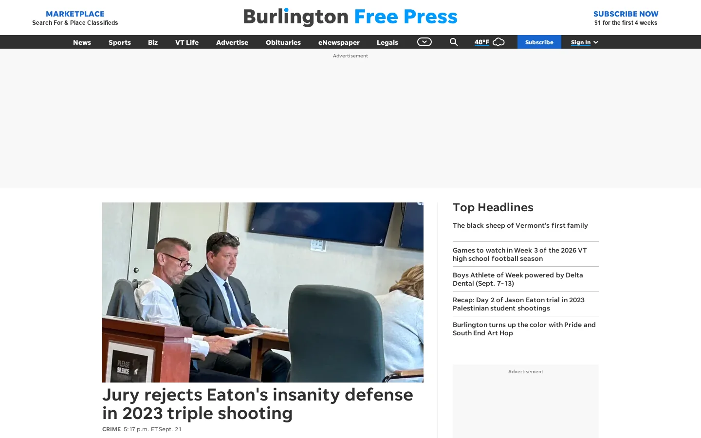 Burlington Free Press Homepage screenshot
