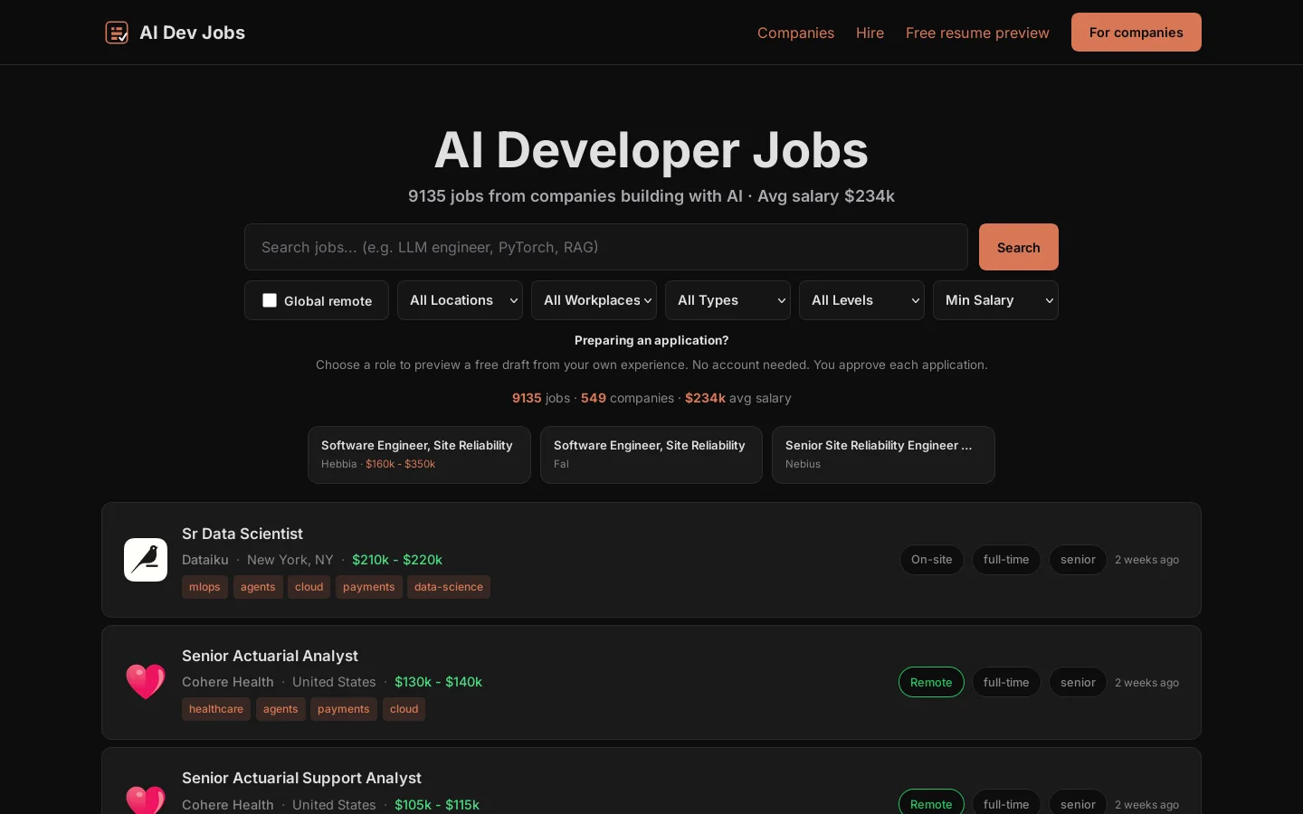 AI Dev Jobs — 9135 AI Developer Jobs · Hire ML Engineers Homepage screenshot