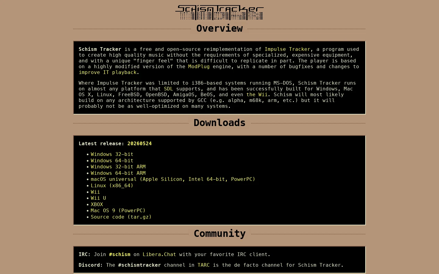 Schism Tracker Homepage screenshot