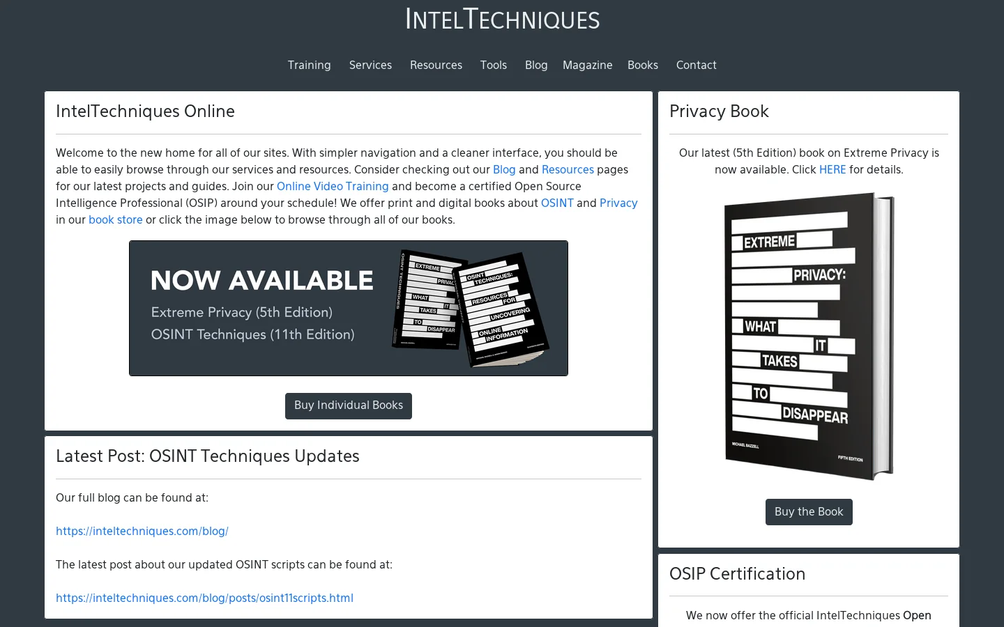 IntelTechniques by Michael Bazzell Homepage screenshot
