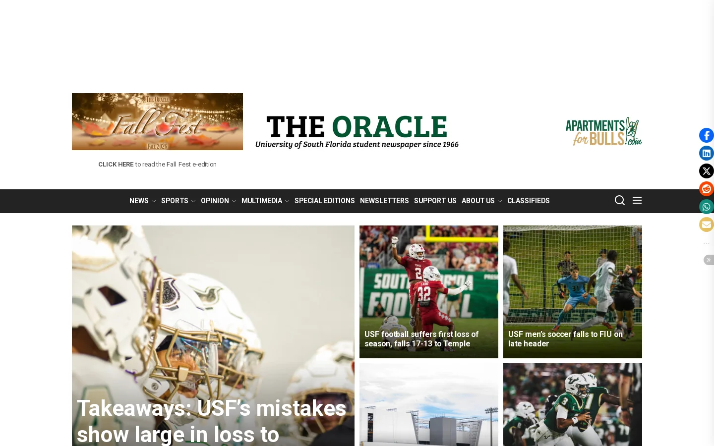 USF News, Sports | The Oracle Homepage screenshot