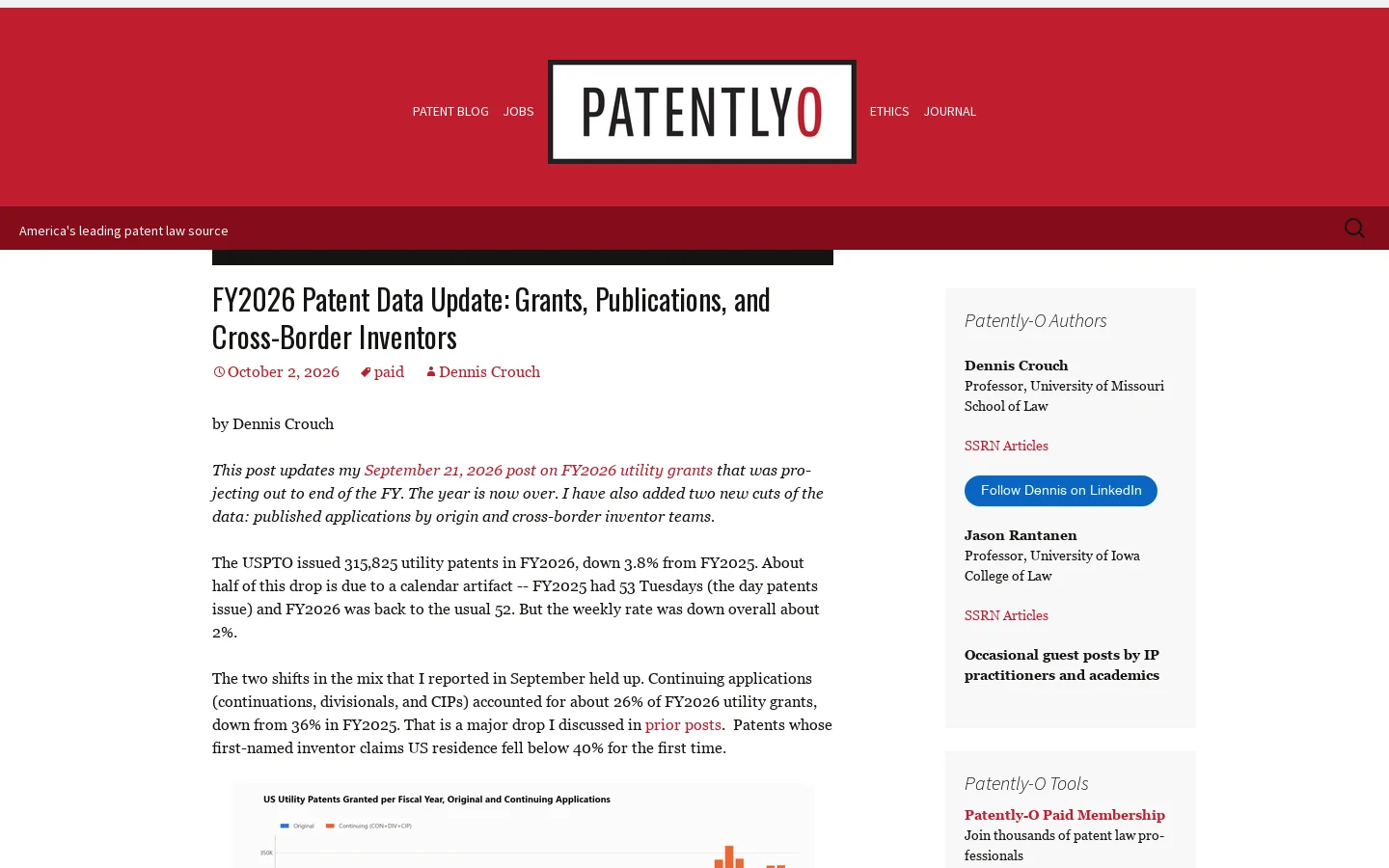 Patently-O, the nation's leading patent law blog Homepage screenshot