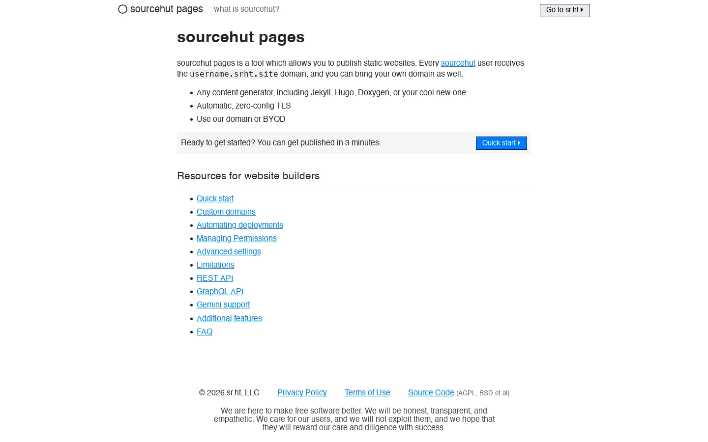 sourcehut pages Homepage screenshot