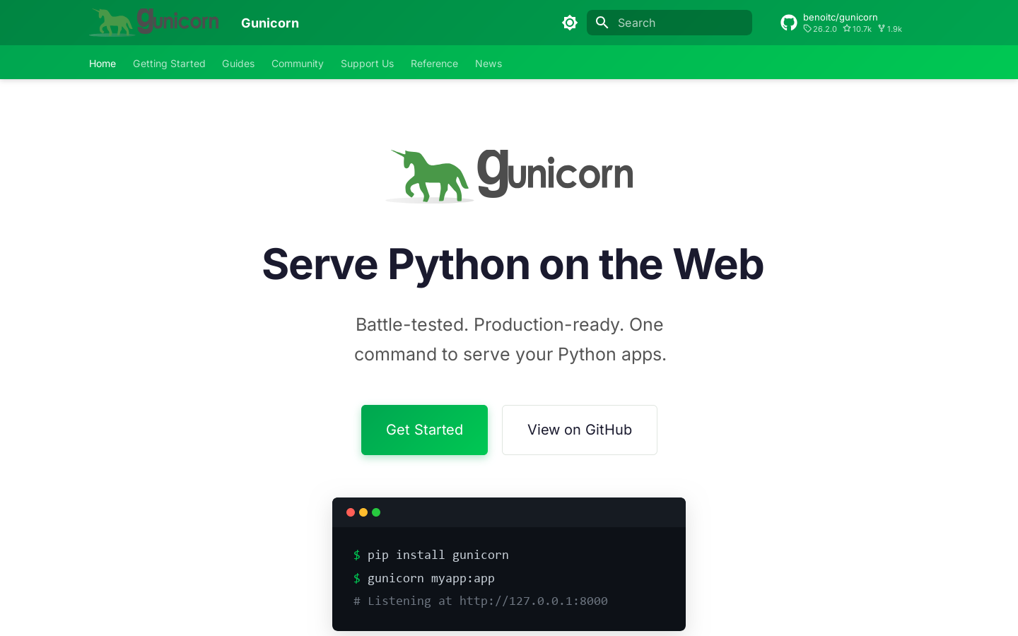 Gunicorn Homepage screenshot