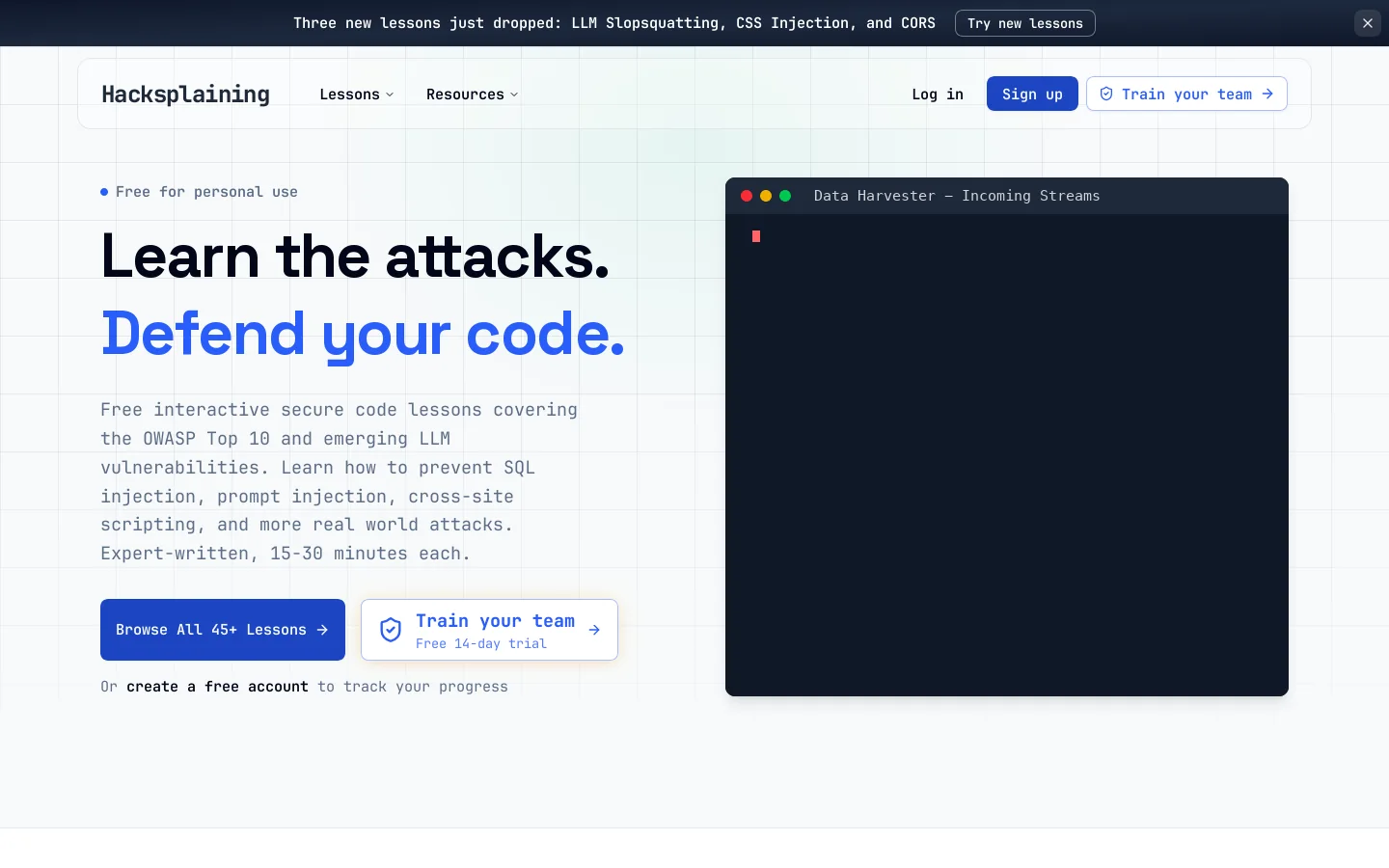 Hacksplaining Homepage screenshot