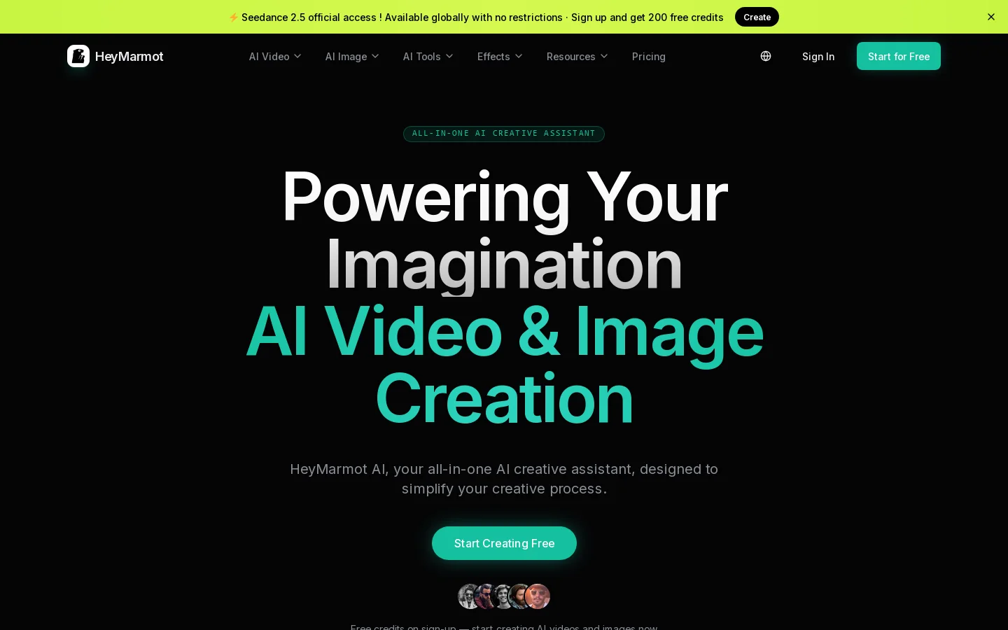 AI Video & Image Creation Homepage screenshot