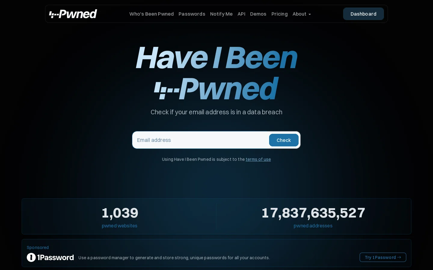 Have I Been Pwned Homepage screenshot