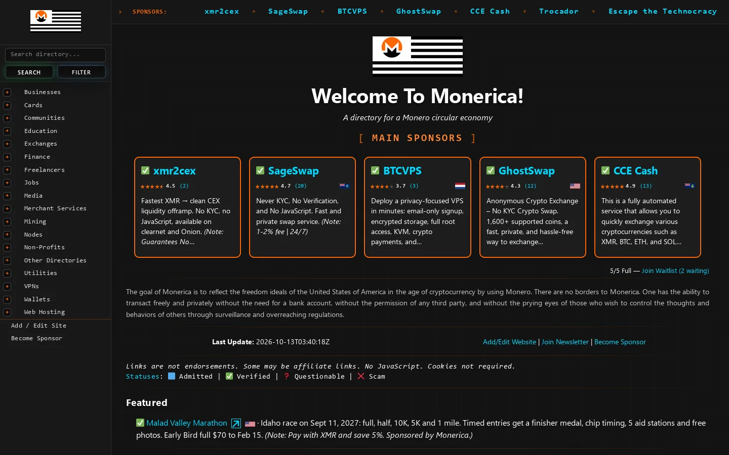 Monerica - Monero Directory Homepage screenshot