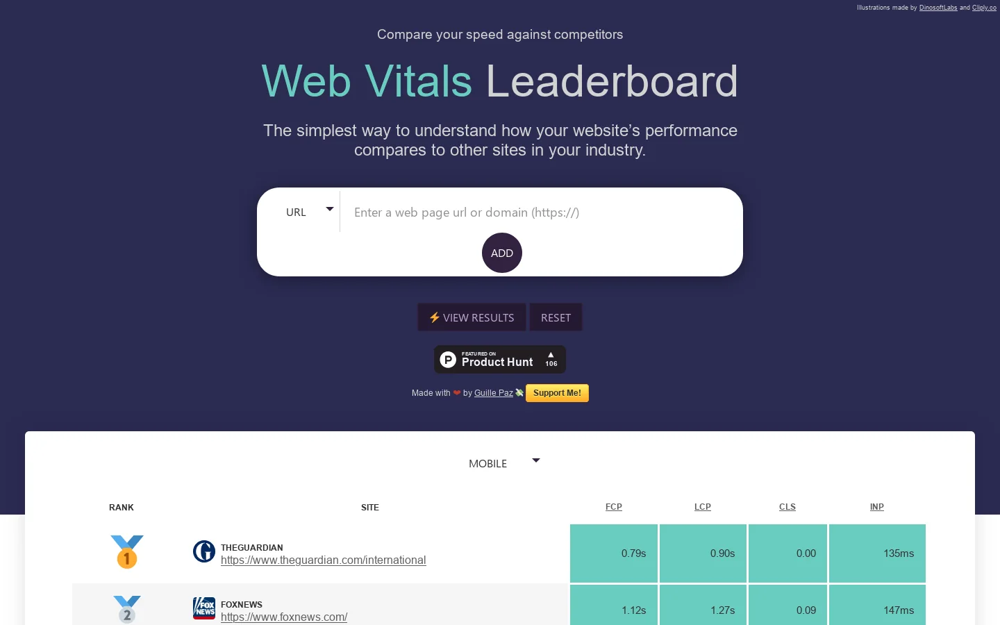 Web Vitals Leaderboard Homepage screenshot