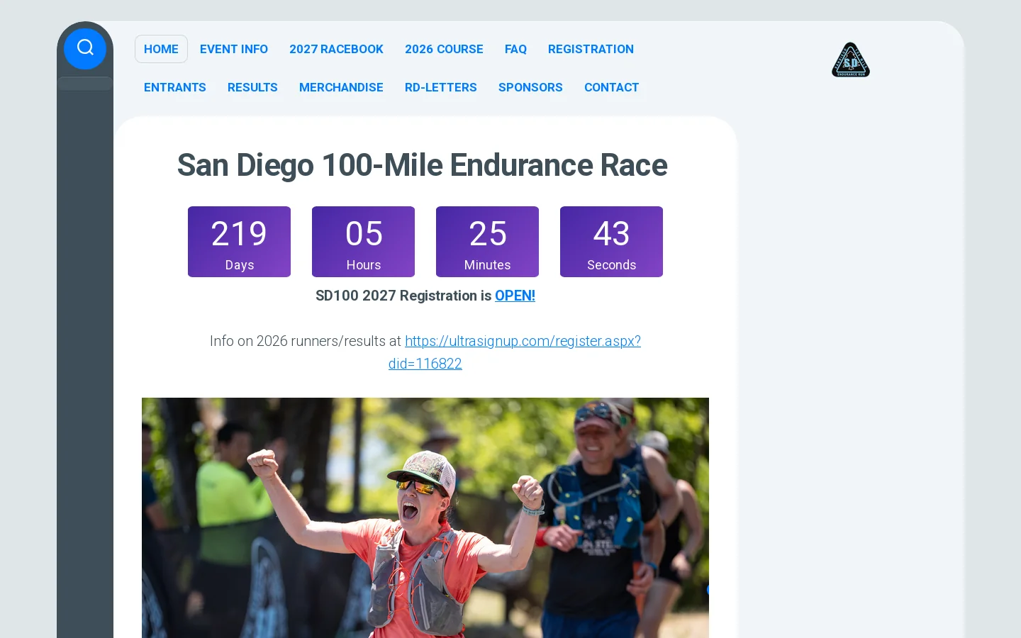 San Diego 100 Mile Running Race Homepage screenshot