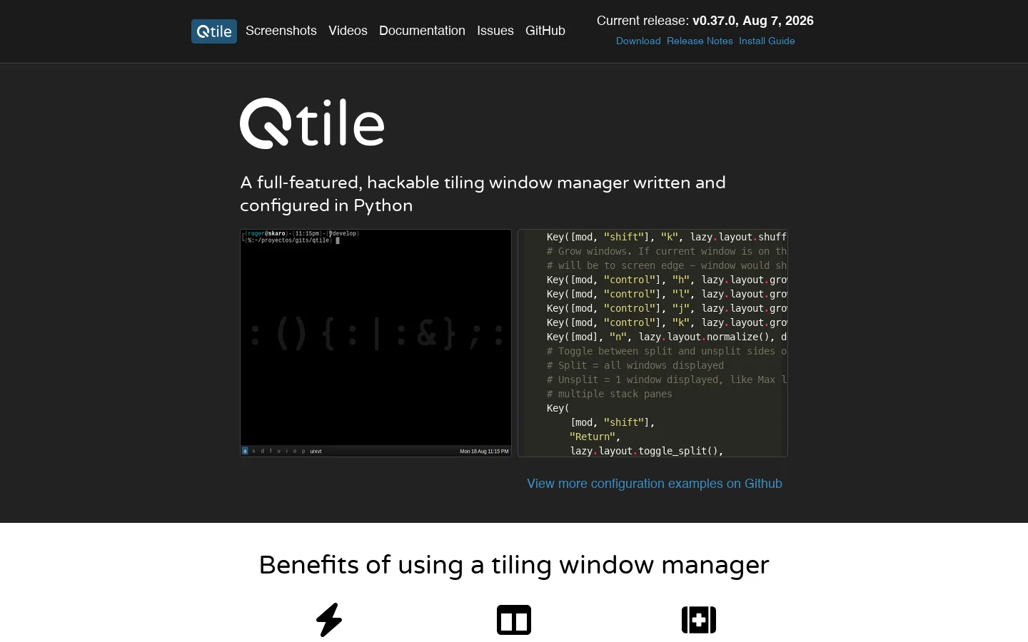 Qtile Homepage screenshot