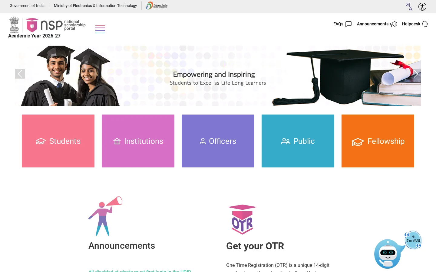 NSP : National Scholarship Portal Homepage screenshot