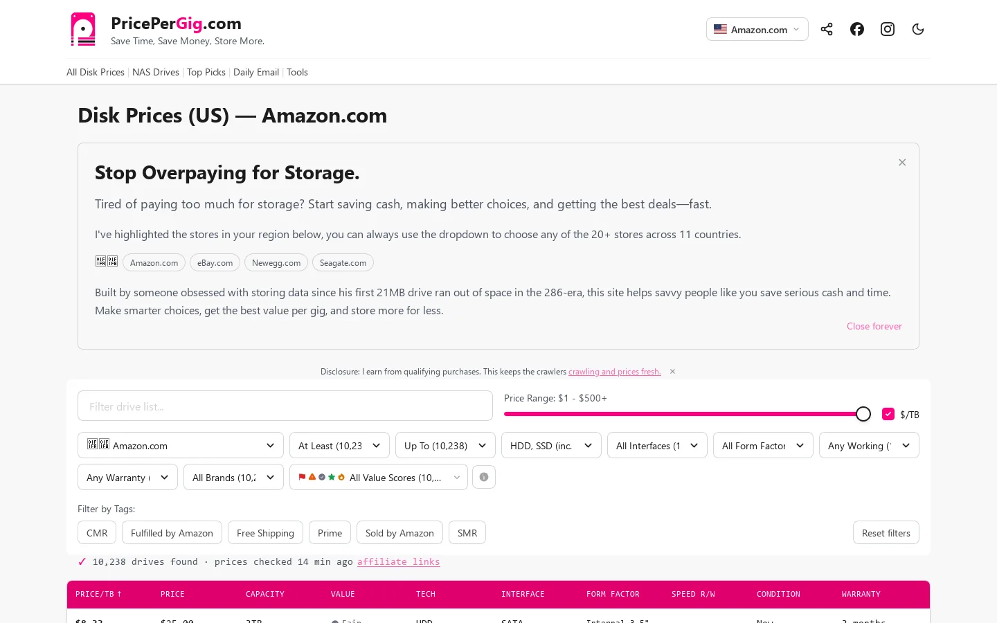 PricePerGig.com Homepage screenshot
