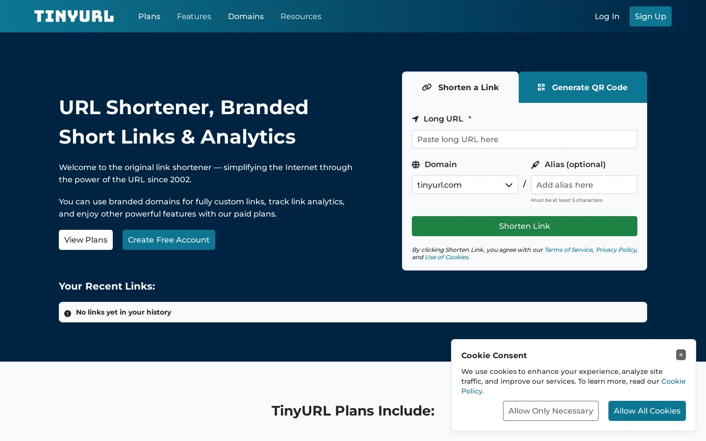 TinyURL Homepage screenshot