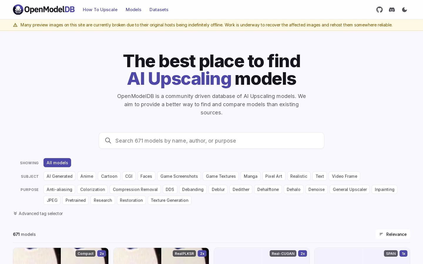 OpenModelDB Homepage screenshot