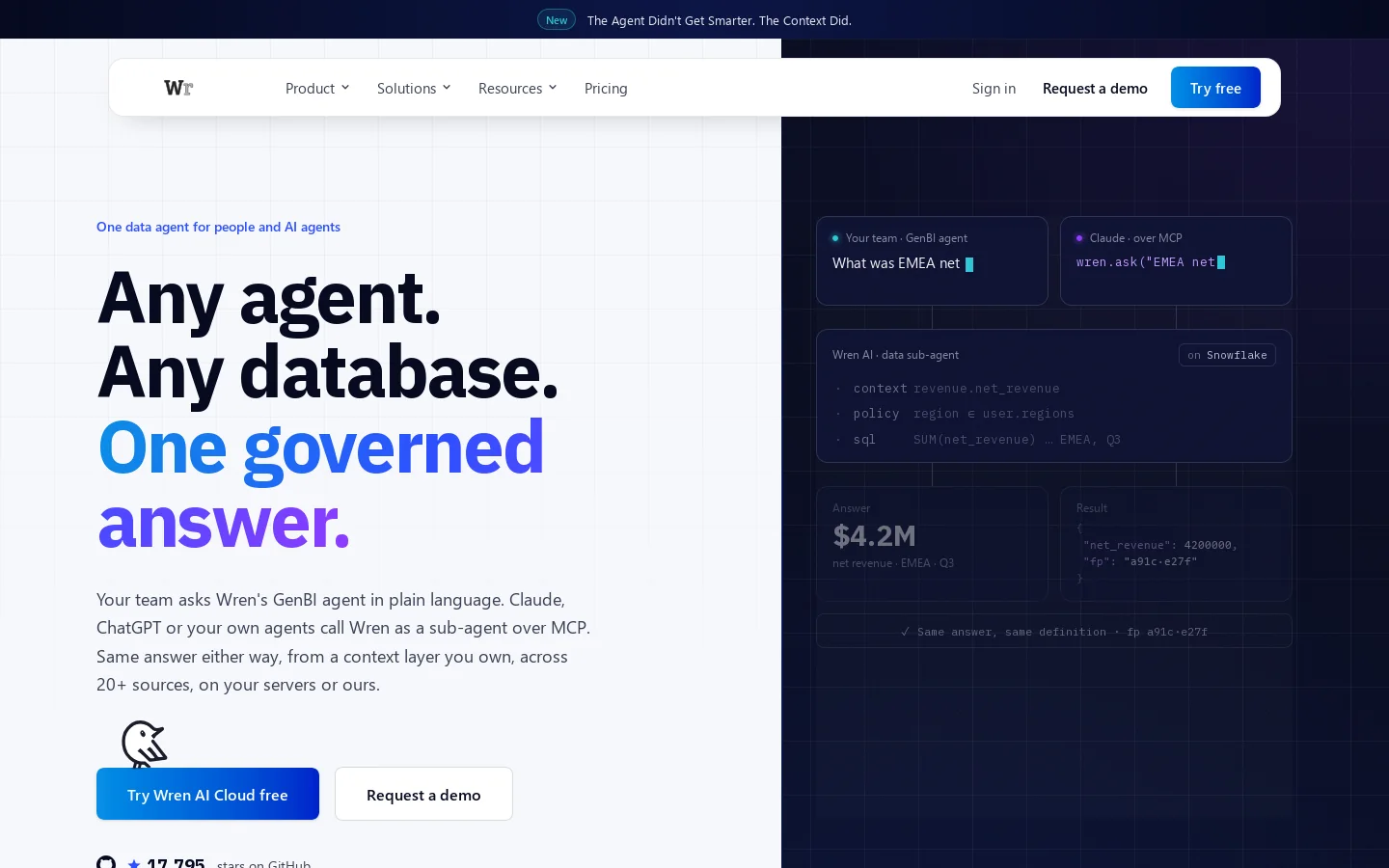 The Data Agent for Your Team and Your AI Agents | Wren AI Homepage screenshot
