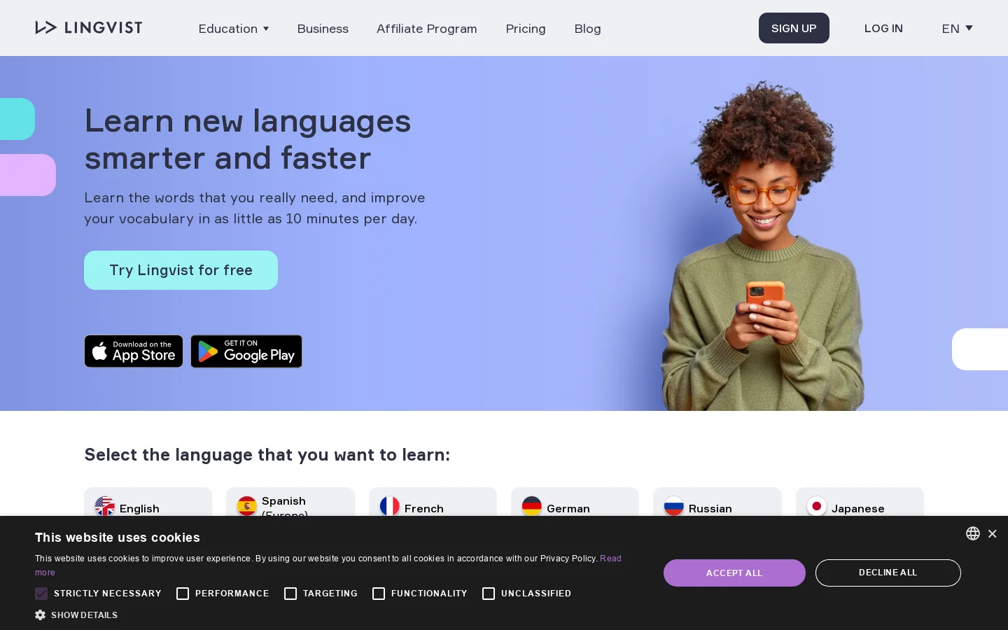 Lingvist Homepage screenshot